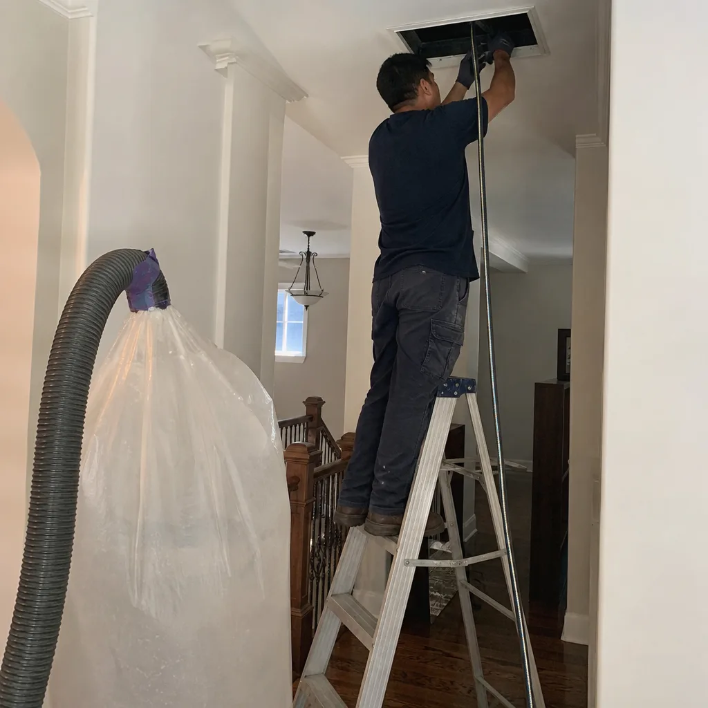 Technician performing professional residential air duct cleaning service.