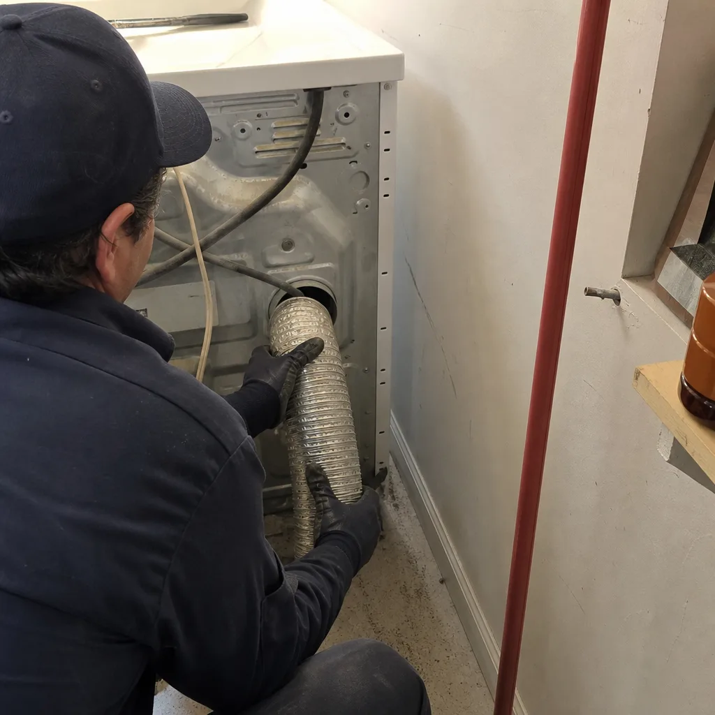 Professional technician performing dryer vent cleaning and maintenance on a dryer.