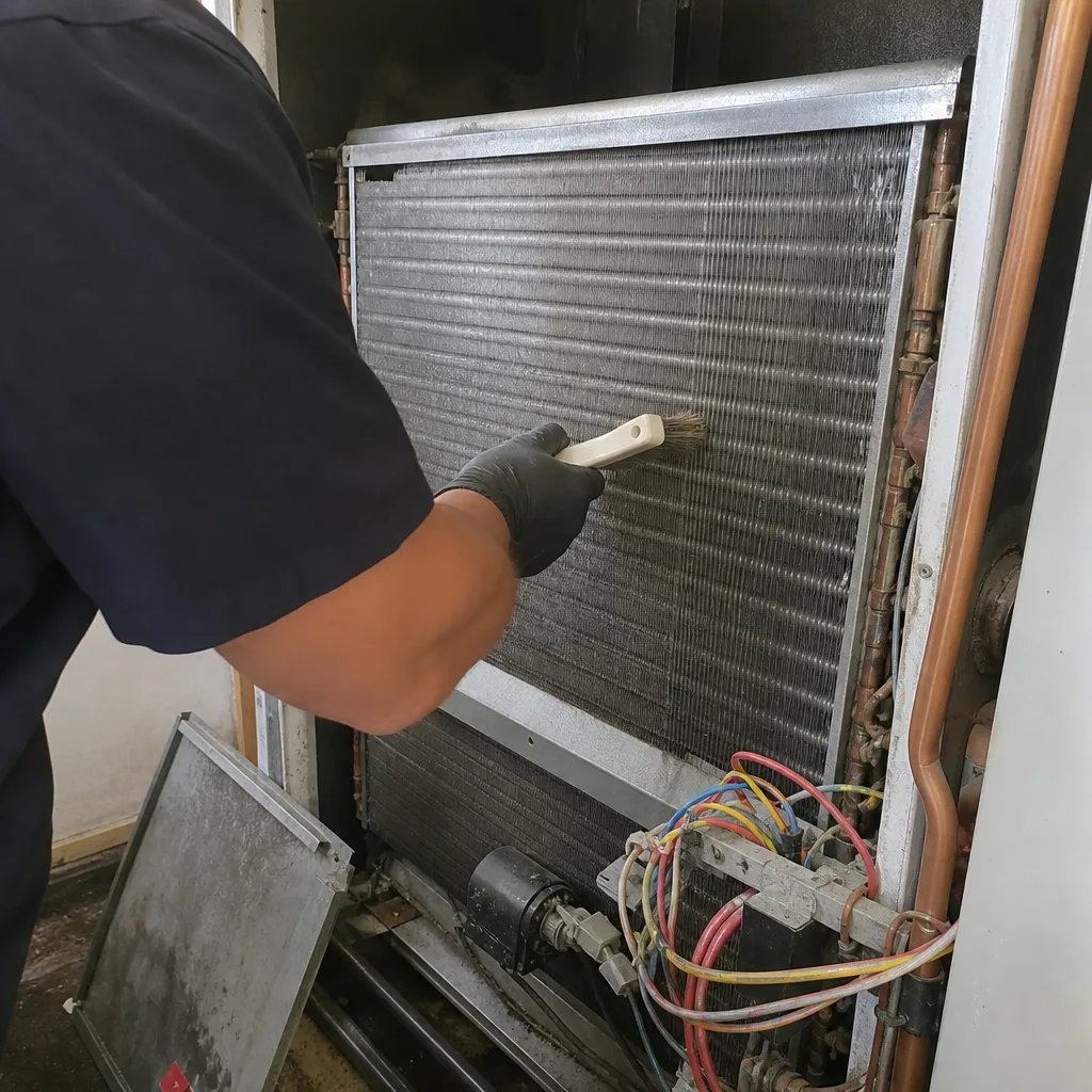 Technician performing professional HVAC coil cleaning and maintenance