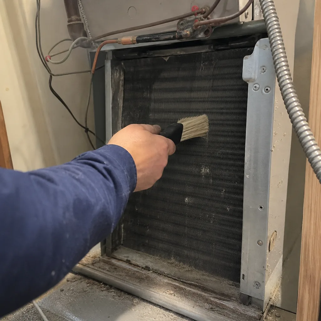 Technician performing professional HVAC evaporator coil cleaning with a brush