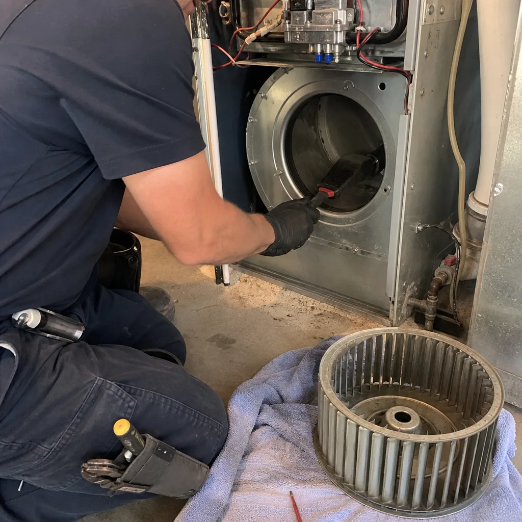 HVAC technician cleaning furnace blower housing with a vacuum tool